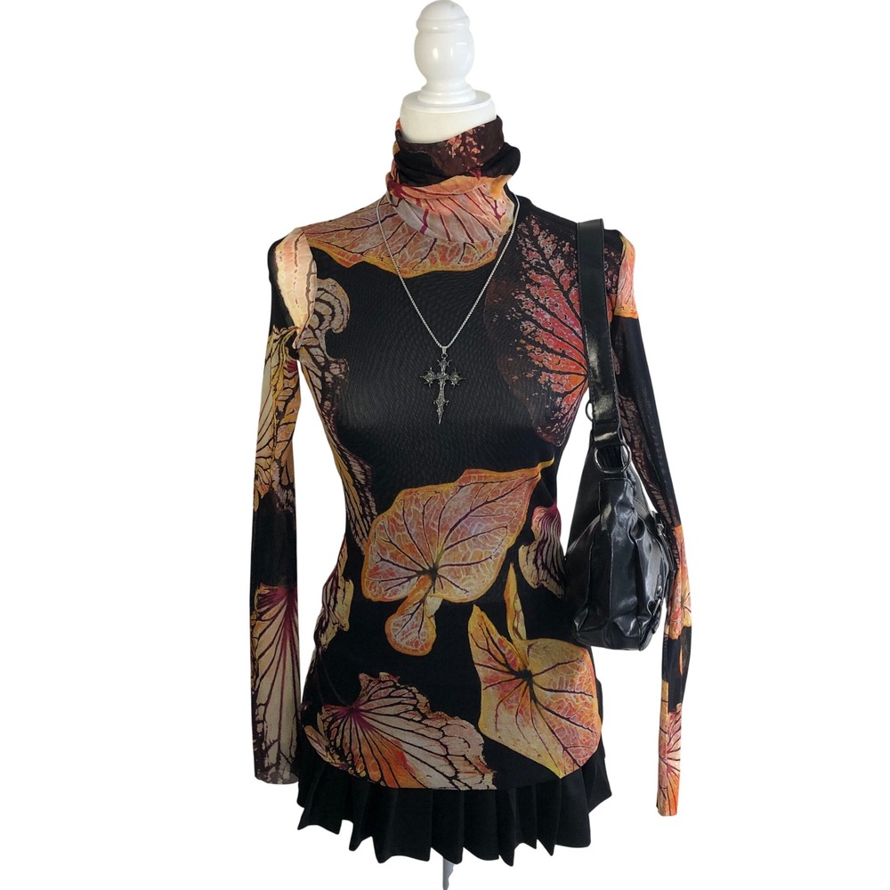 Vintage Y2K FUZZI Italy Sheer Mesh Turtleneck Top Jean Paul Gaultier Style XS